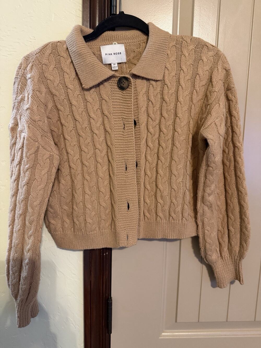 Pink Rose Women’s Size XS Collared Cardigan Sweater Tan